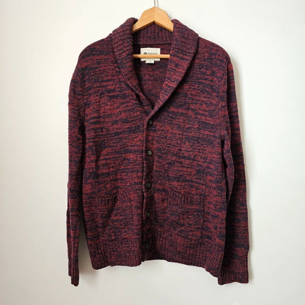 EUC HAGGAR CLOTHING MARLED RED/BLACK WOOL BLEND COLLARED BUTTONED CARDIGAN SZ M